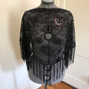 Lace and fringe shawl/poncho. One size
